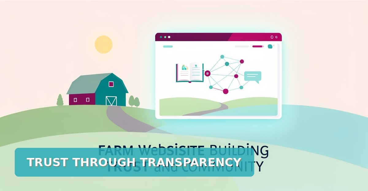 Flat illustration of a farm website building trust with transparency icons and community network accents.