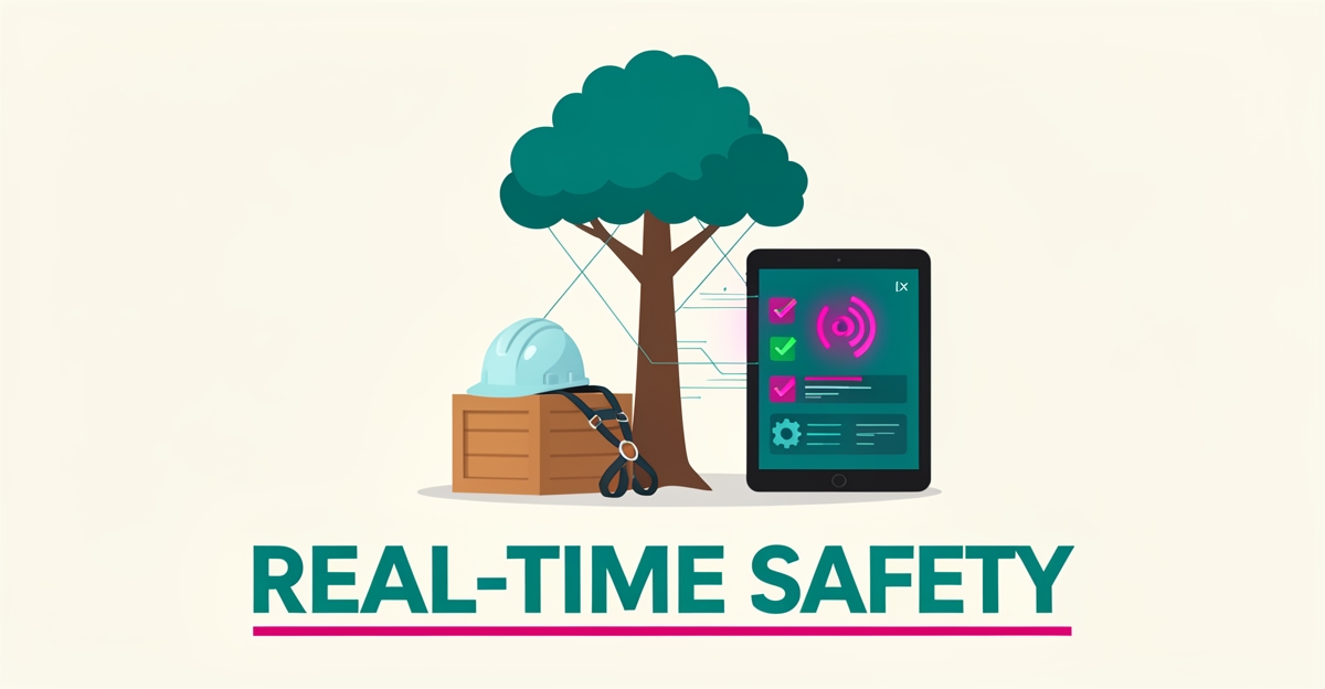 Flat illustration of tree trimming equipment with a tablet showing live safety monitoring updates in teal and magenta accents.