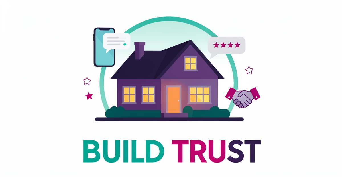 Flat illustration of a protected home with trust shield, chat bubbles, and star rating icons in teal and magenta with headline Build Trust.