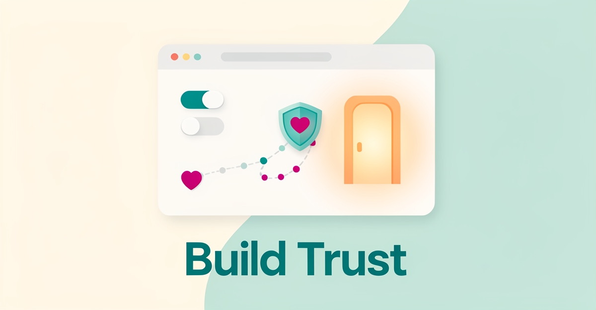 Flat illustration of a calming browser interface with a trust shield and glowing pathway in teal and magenta, headline reading Build Trust.