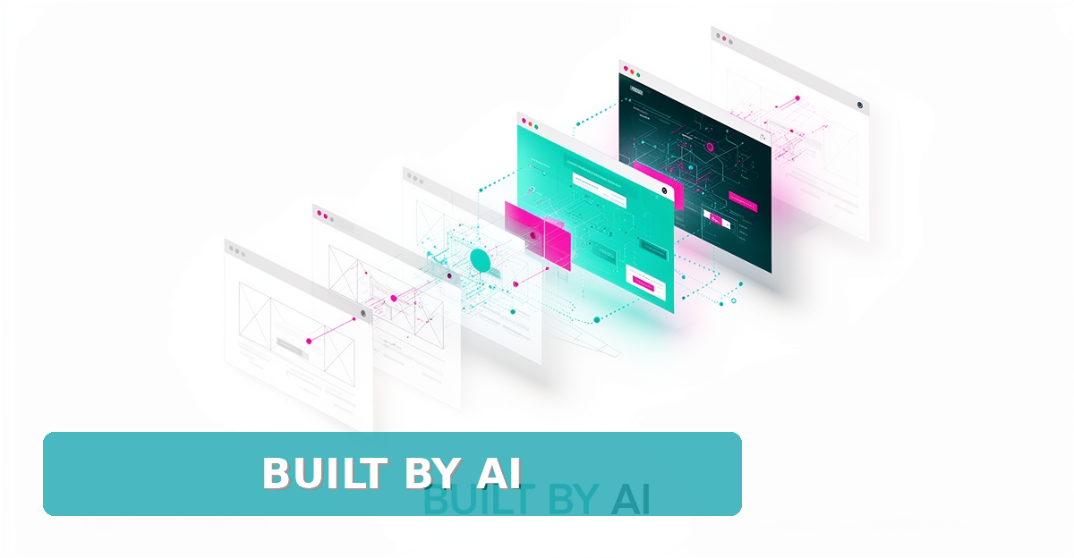 Flat illustration of wireframe browser windows transforming into finished webpages, symbolizing AI building complete websites automatically.