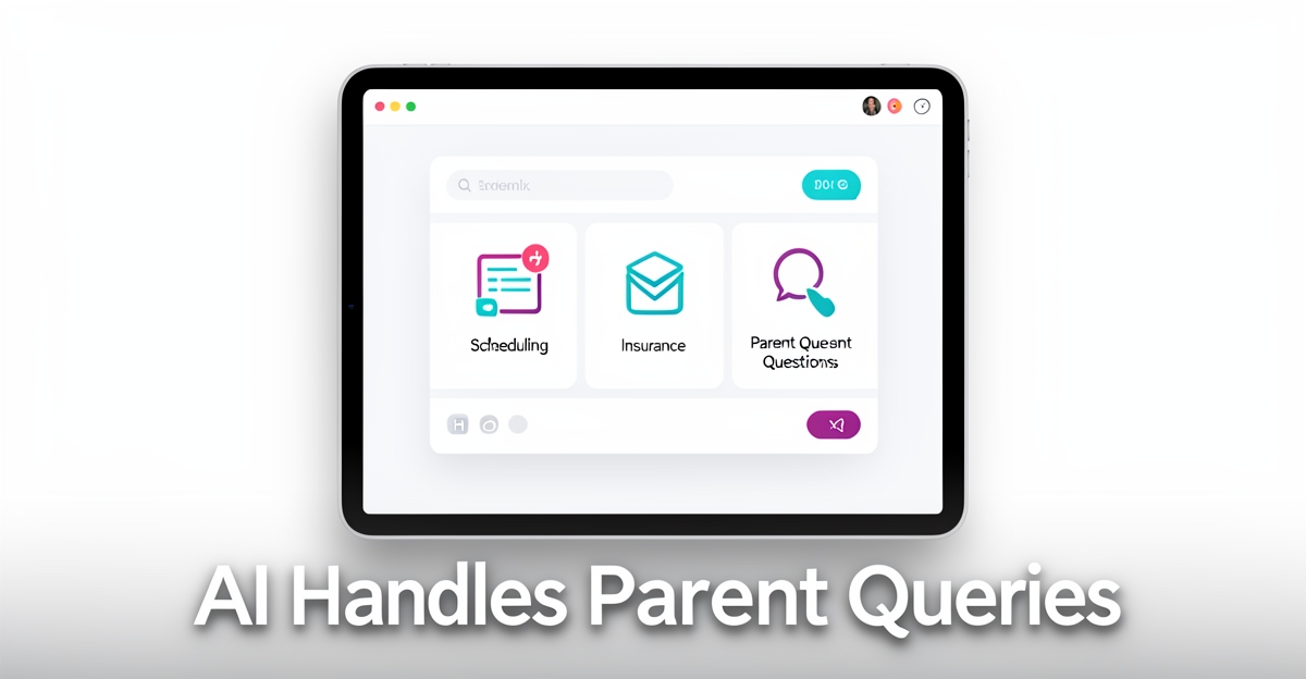 A minimalist flat illustration of an AI chatbot interface on a tablet, highlighting scheduling and insurance icons with brand color accents, suitable for a pediatric dental practice blog.