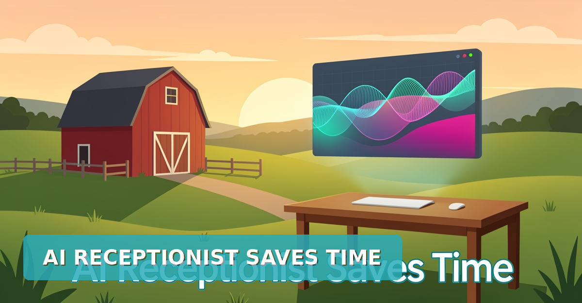 A minimalist flat illustration of a Halifax dairy farm at sunrise with a red barn, green fields, and abstract AI data waves in brand colors, featuring the headline 'AI Receptionist Saves Time' in the lower third.