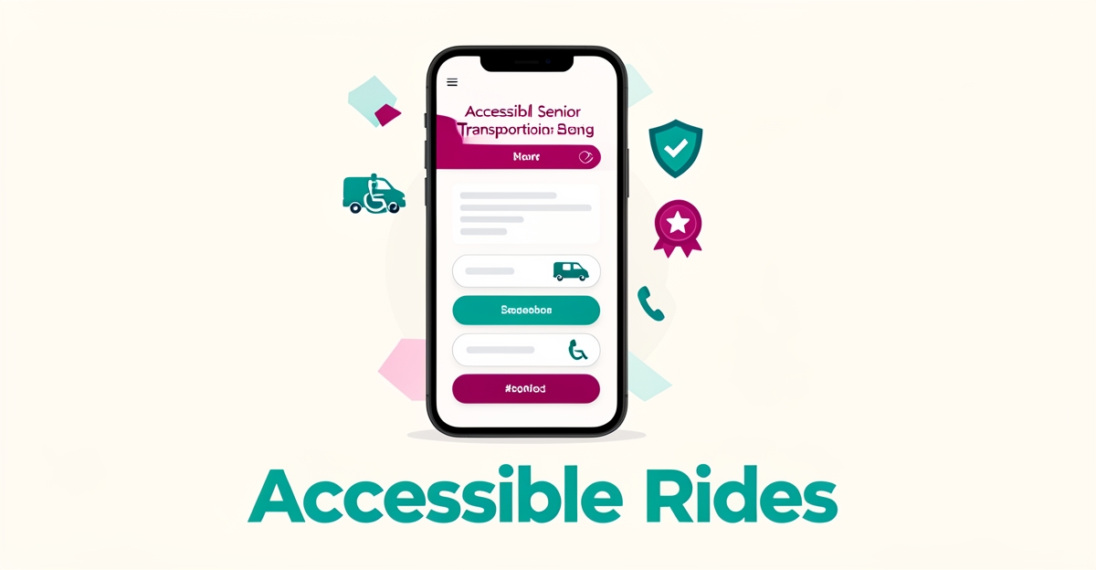 Flat illustration of an accessible senior transportation booking app with large buttons and trust badges in teal and magenta accents.