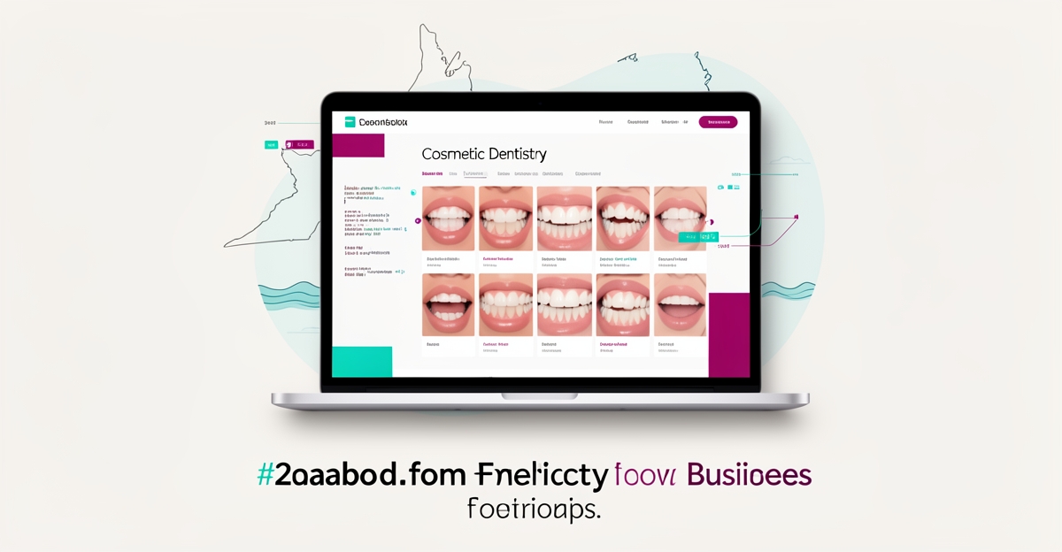 Flat illustration of a laptop showing a cosmetic dentistry website with before-and-after smile gallery and Nova Scotia accents.