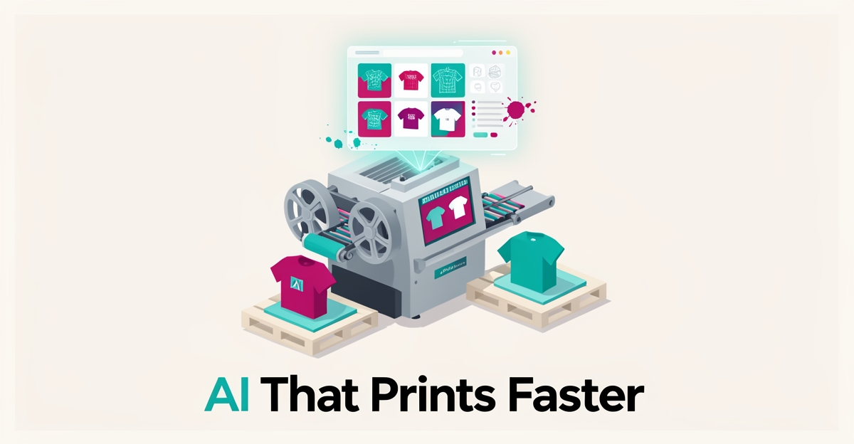 Flat illustration of a screen printing press with a glowing AI design interface, accented in teal and magenta, with headline AI That Prints Faster.