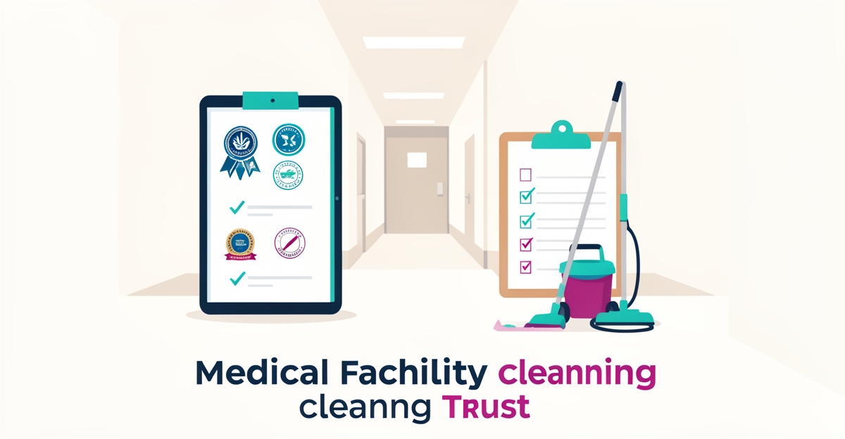 Flat illustration showing medical cleaning trust signals with certifications and compliance icons for Halifax facilities.