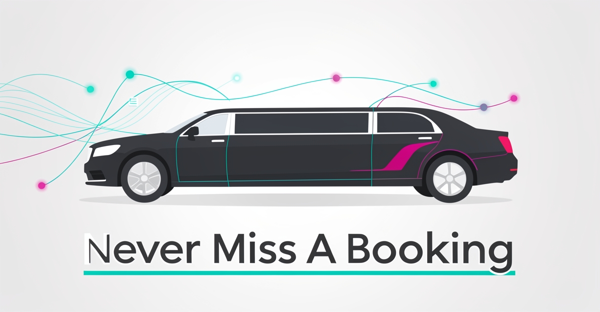 Flat illustration of a luxury limousine with teal and magenta digital accents representing automated booking systems and AI connectivity.