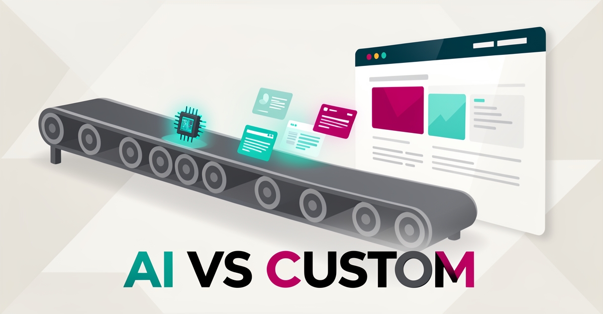 Flat illustration of a conveyor belt carrying website cards from an AI chip to a custom site, symbolizing the AI versus custom website choice.