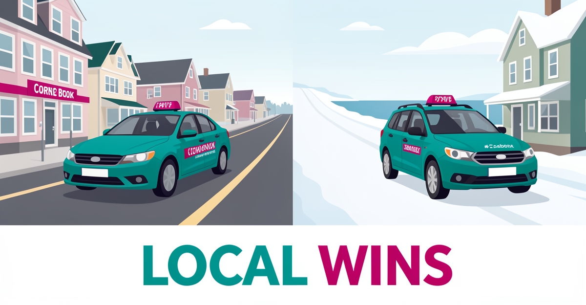 Flat illustration comparing Halifax and Corner Brook driving school cars on urban and snowy roads with Local Wins headline.