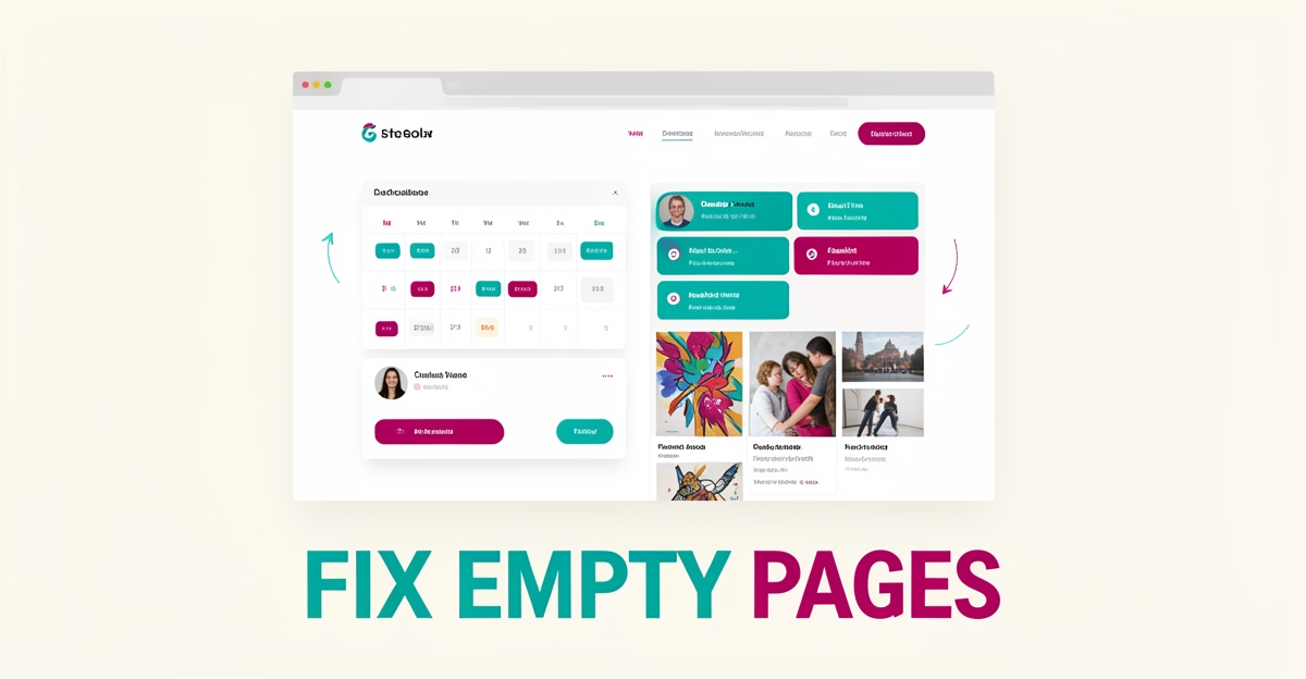 Flat illustration of an empty art class webpage transforming into a vibrant enrollment page with calendar, instructor card, and artwork in teal and magenta.