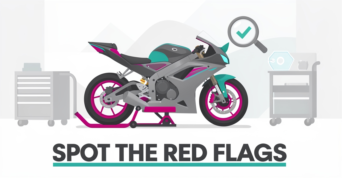 Flat illustration of a motorcycle in a repair workshop with an inspection magnifying glass and honest pricing icon, symbolizing how to find a trustworthy body shop.