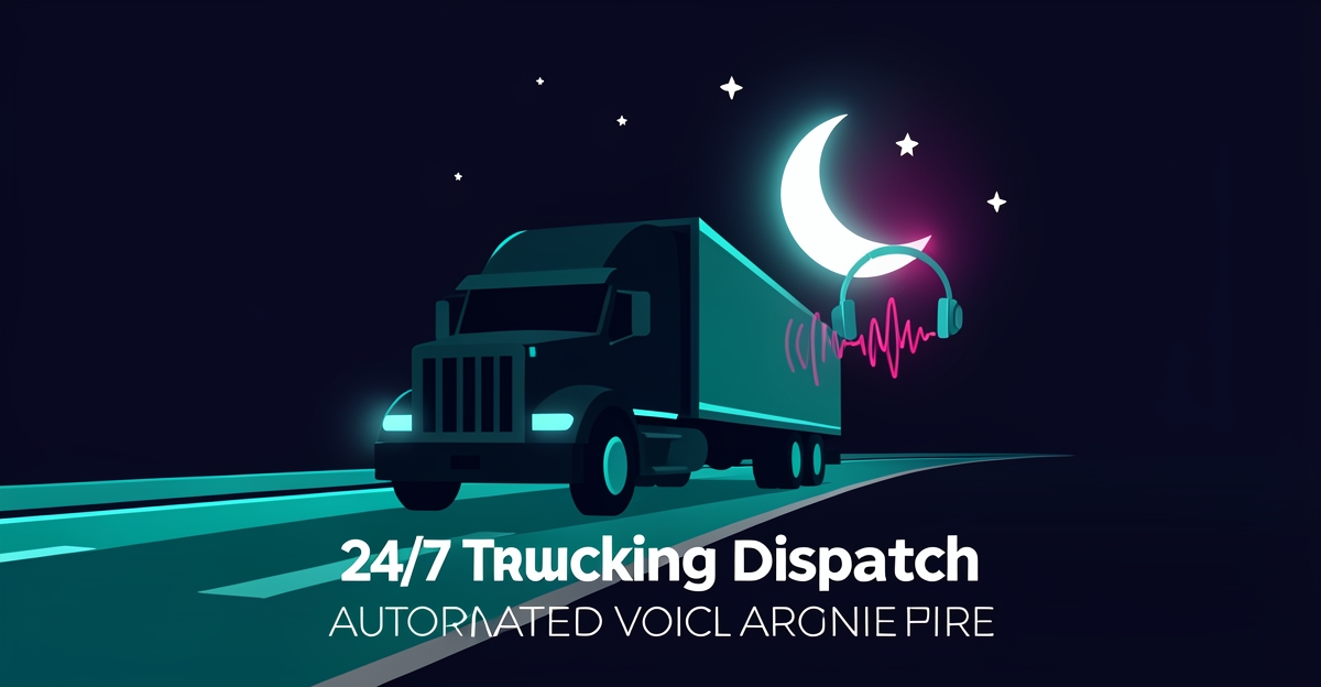 Flat illustration of a semi-truck on a night highway with AI voice automation soundwave icons, accented in teal and magenta, with the headline 24/7 Permit Coverage.