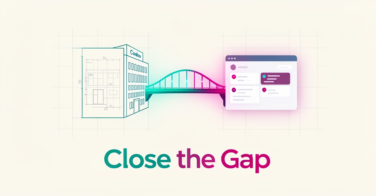 Flat illustration of a glowing digital bridge connecting an architectural blueprint to a modern healthcare building interface, symbolizing AI closing the proposal follow-up gap.