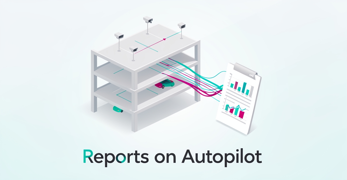 Flat illustration of a parking garage with data streams flowing into an automated report, accented in teal and magenta.