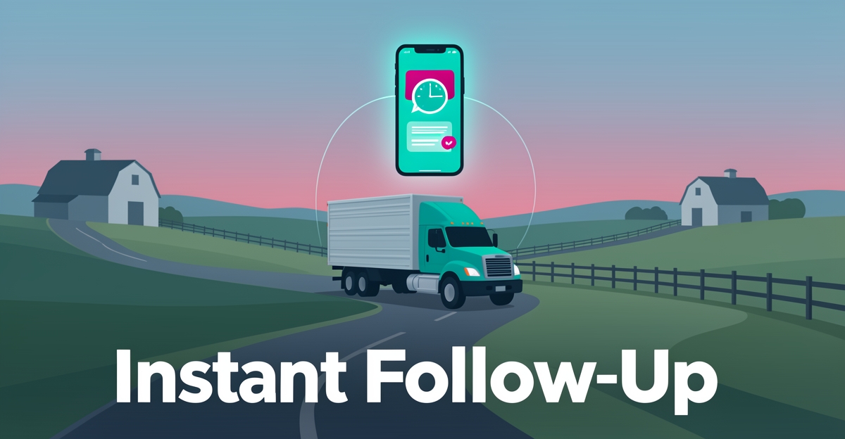 Flat illustration of a livestock truck on a rural Nova Scotia road with a glowing smartphone symbolizing automated 24/7 lead follow-up.