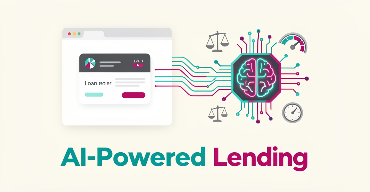 Flat illustration of a website loan offer connected to an AI processor by flowing data streams in teal and magenta, titled AI-Powered Lending.