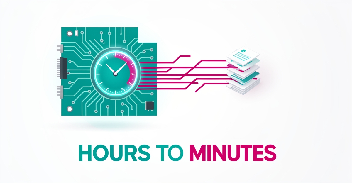 Flat illustration of a circuit board with data streams flowing into a clock, symbolizing AI accelerating PCB quote turnaround.