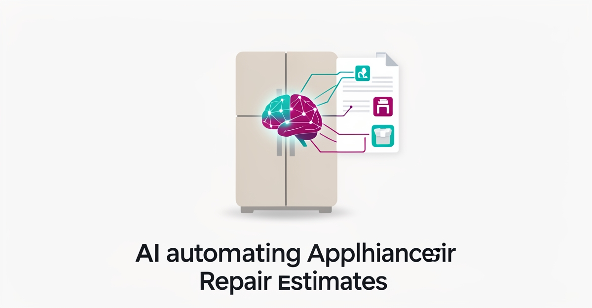 Flat illustration of AI automating appliance repair estimates with teal and magenta accents and digital service package icons.