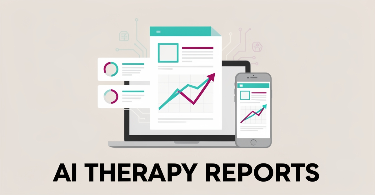 Flat illustration of an AI-generated therapy progress report with charts flowing between a laptop and smartphone, accented in teal and magenta