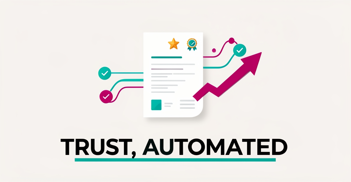 Flat illustration of data streams transforming into a verified success story card with growth chart, accented in teal and magenta.