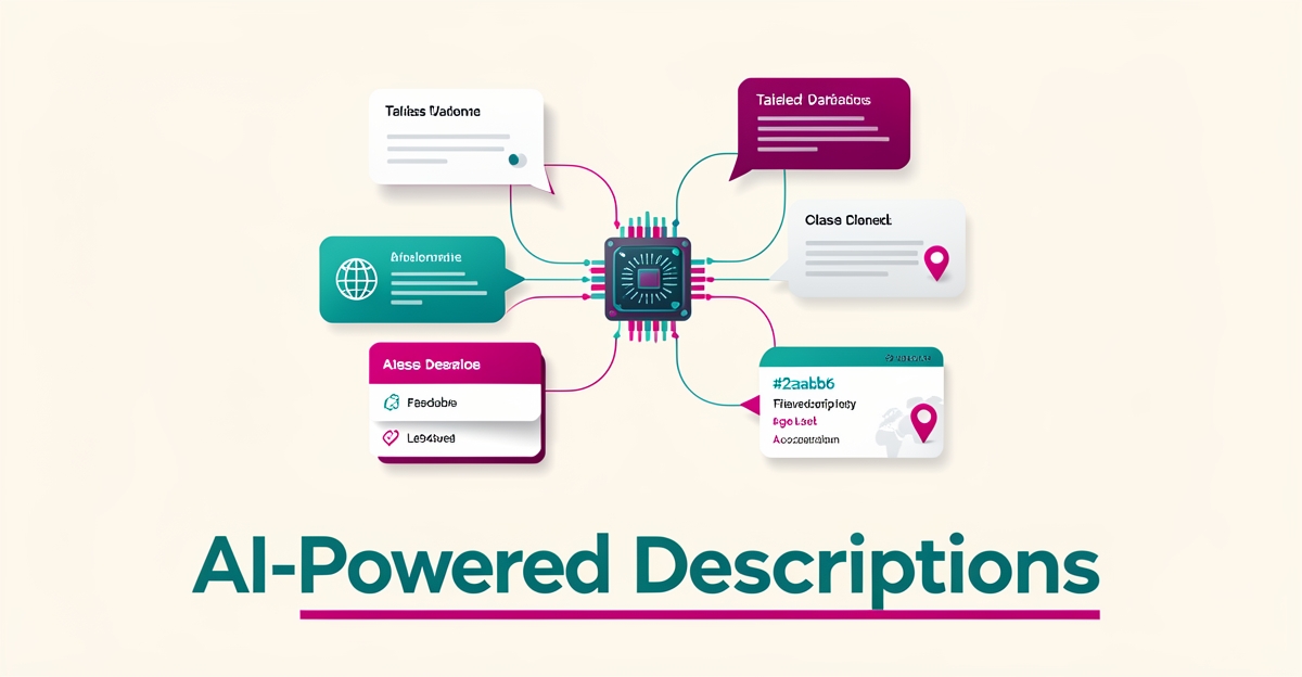 Flat illustration of AI generating localized language class descriptions with teal and magenta accents.