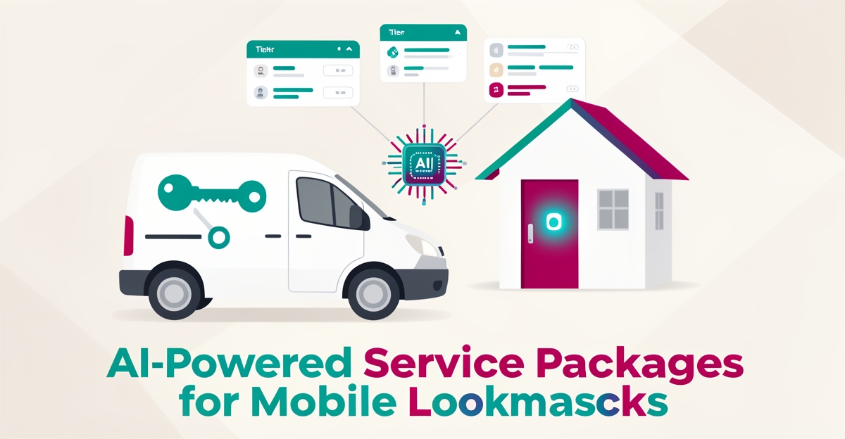 Flat illustration of a locksmith service van and smart lock with AI-generated service package cards in teal and magenta.