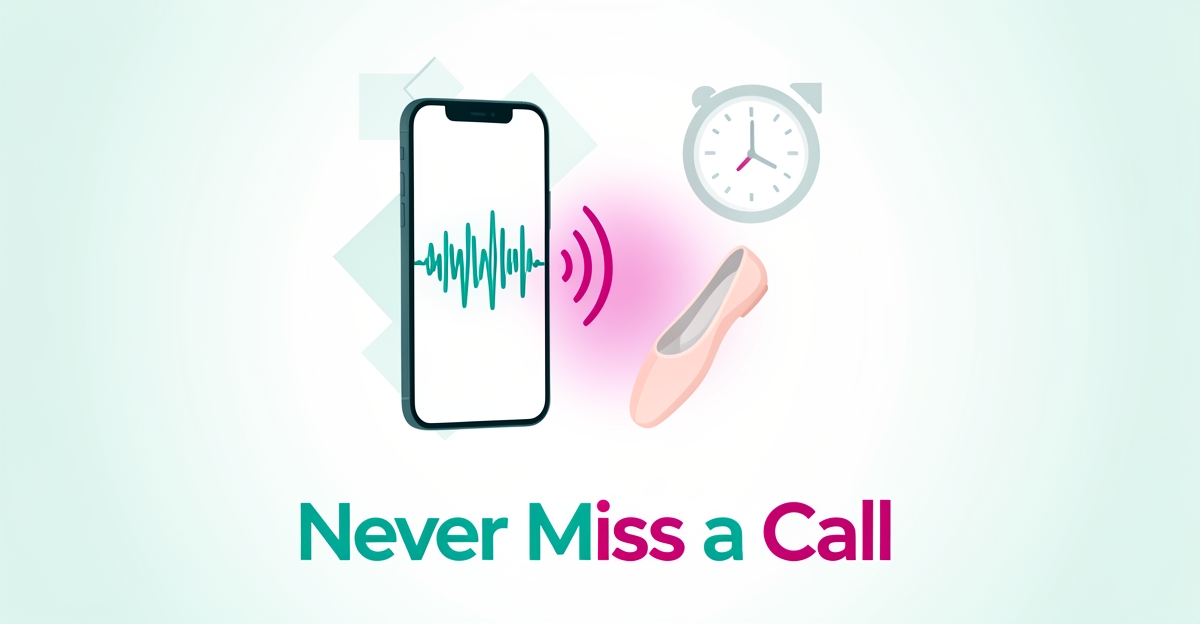 Flat illustration of a smartphone with sound waves and a ballet slipper, symbolizing AI voice assistants answering dance school calls 24/7.
