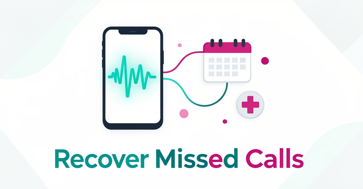 Flat illustration of a smartphone call waveform linking to scheduling and medical icons, symbolizing AI voice assistants recovering missed patient calls in anesthesiology practices.