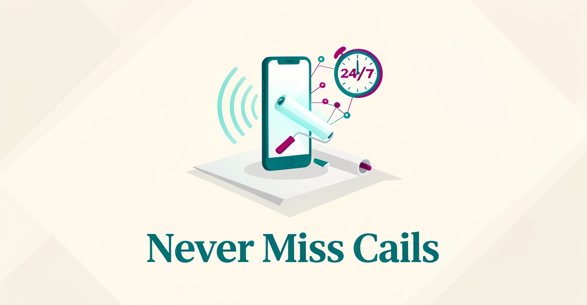 Flat illustration of a smartphone with sound waves linking a paint roller and 24/7 clock, representing AI voice automation for painting contractors.