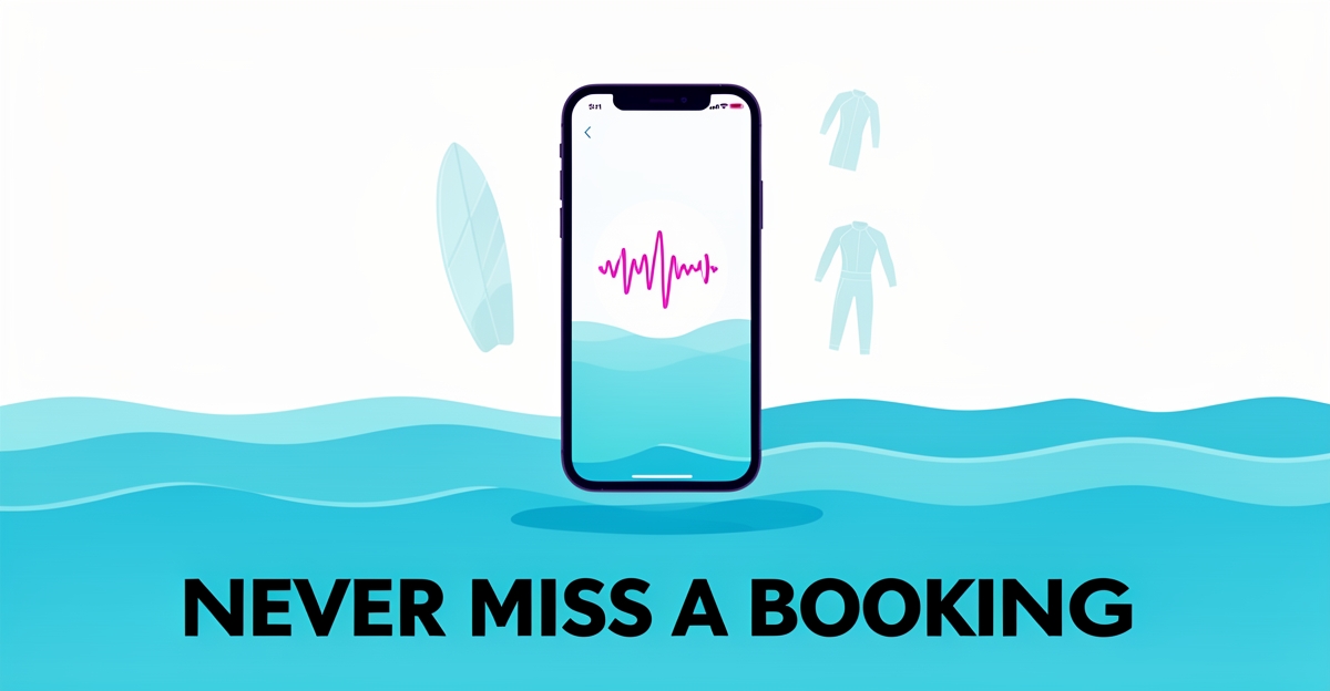 A smartphone showing AI voice interface floats above the ocean with surfing gear icons, illustrating 24/7 automated surf lesson booking capture.