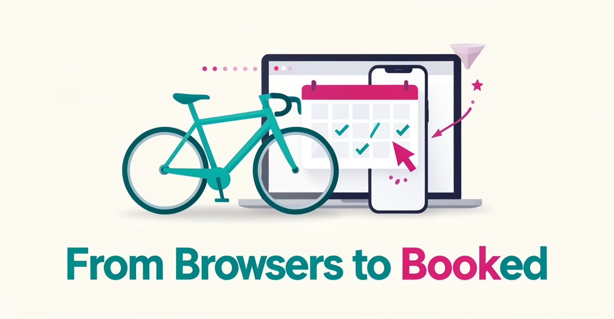Flat illustration of a bicycle next to a booking screen with conversion arrows, symbolizing turning website browsers into booked bike rentals.
