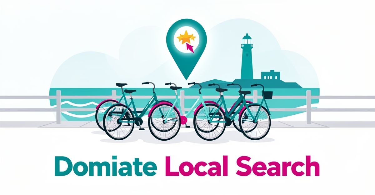 Flat illustration of rental bicycles by the coast with a glowing map pin and star badge, symbolizing Google Business Profile local search success.