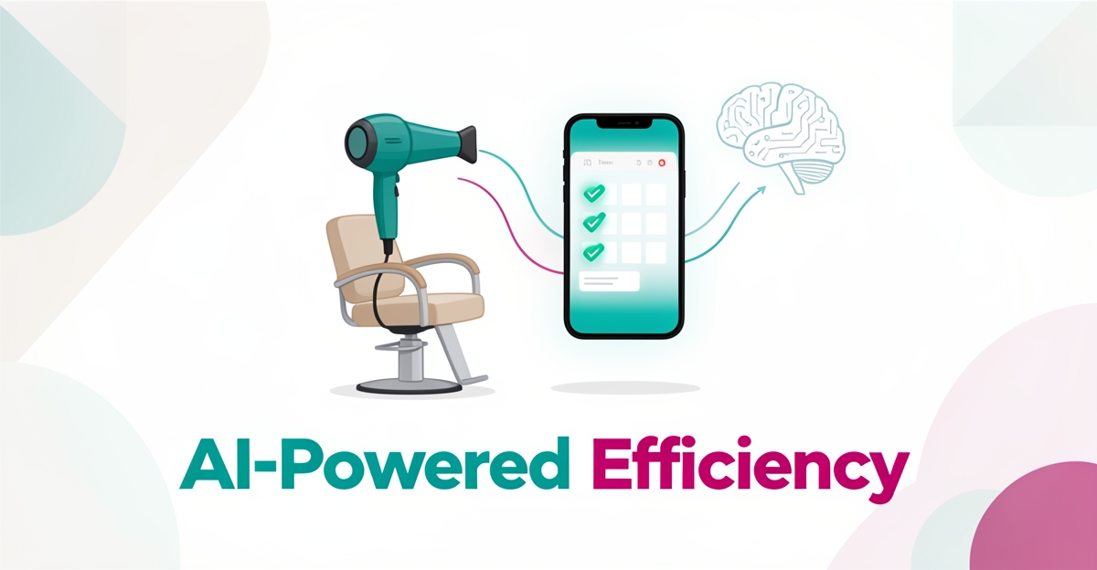 Flat illustration of a salon chair and smartphone with AI calendar automation in teal and magenta, headlined AI-Powered Efficiency.