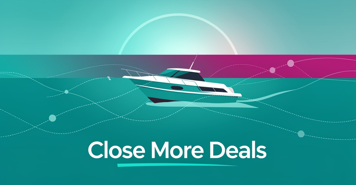 Flat illustration of a sleek boat on teal water with abstract digital follow-up lines, symbolizing automated lead nurturing for boat dealers.
