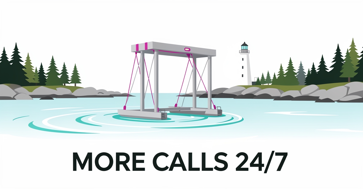 Modern flat illustration of a boat lift in Nova Scotia coastal waters with brand-colored accents, displaying the headline 'More Calls 24/7' in the lower third as a magazine-style headline
