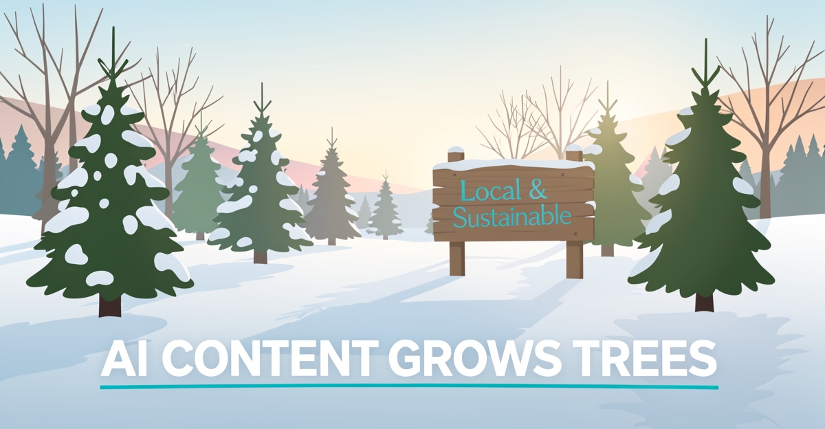 A minimalist flat illustration of a snowy Nova Scotia Christmas tree farm with a localized AI-generated content headline in the lower third, using brand colors as subtle accents.