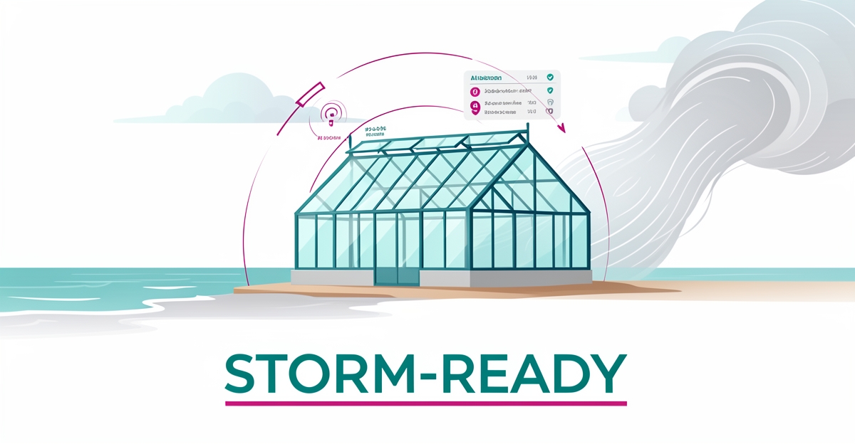 Flat illustration of a coastal greenhouse with AI storm forecasting overlays and stylized approaching storm clouds, accented in teal and magenta.