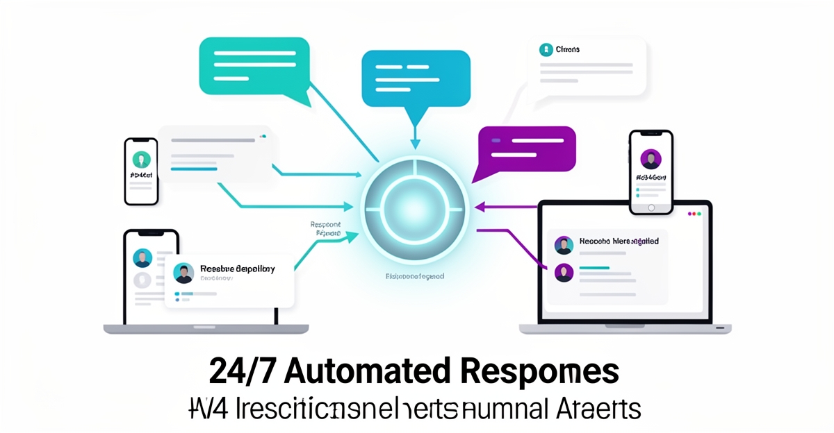 A minimalist flat illustration of an AI chatbot managing high-volume client inquiries with brand-colored accents, showing automated responses and human escalation paths for debt settlement firms.