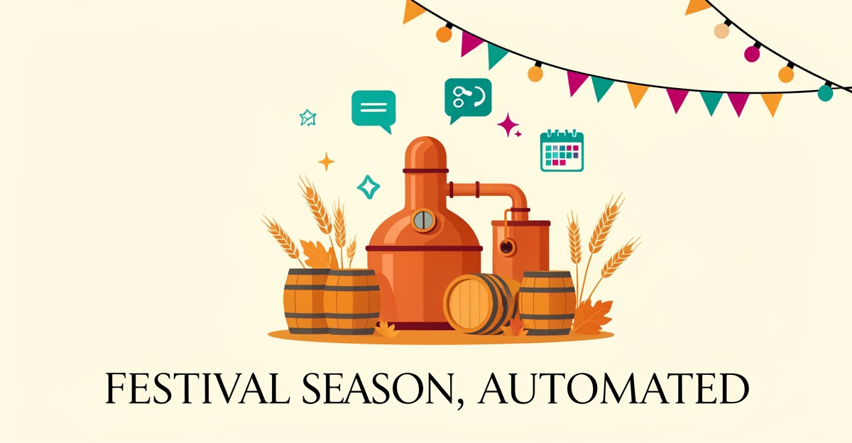 Flat illustration of a distillery still and barrels with autumn festival lights and AI icons, accented in teal and magenta, with the headline Festival Season, Automated.
