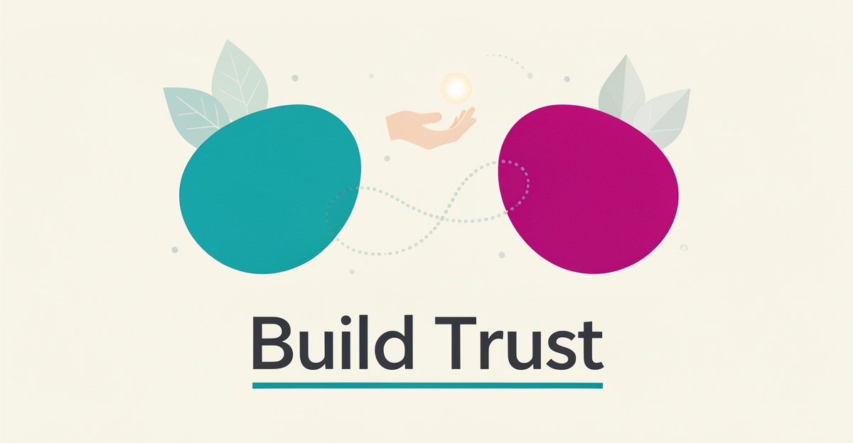 Minimalist flat illustration of two abstract shapes connected by a flowing dotted line, symbolizing consistent client communication in EMDR therapy.