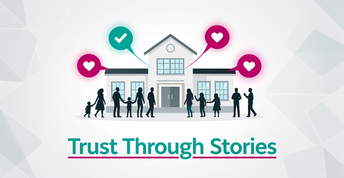 Illustration of school building with diverse families connected by glowing testimonial bubbles in teal and magenta, symbolizing AI-curated trust building.