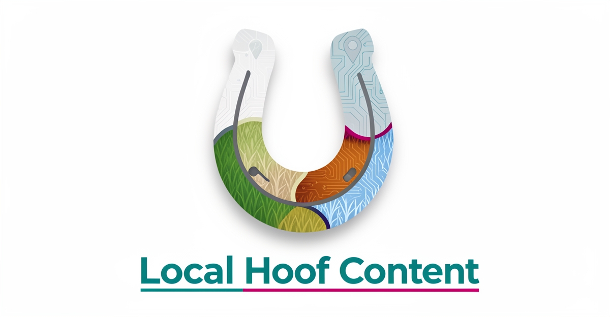 Flat illustration of a horseshoe blending seasonal hoof textures with AI circuit patterns in teal and magenta accents.