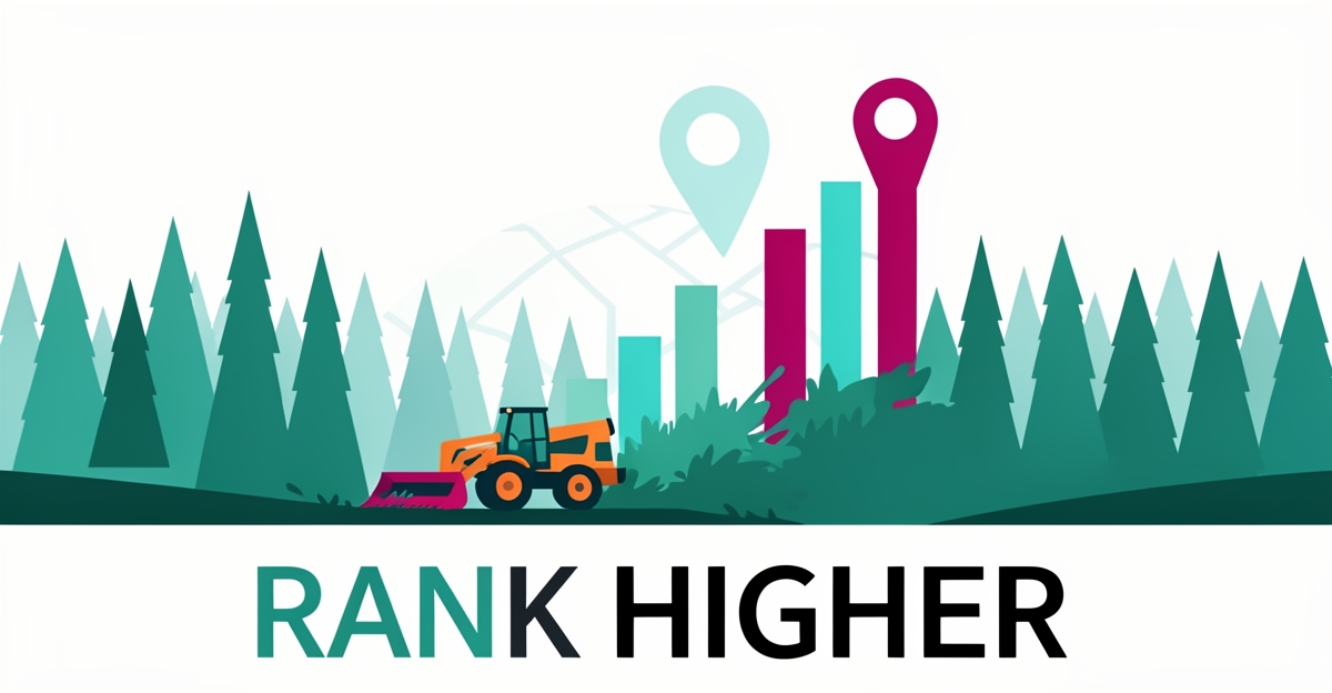 Flat illustration of a forestry mulching machine in an evergreen forest with rising search ranking bars and a map pin, headlined 'Rank Higher'.