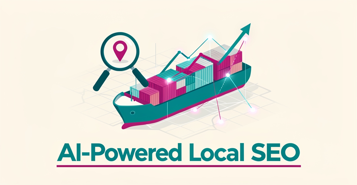 Flat illustration of cargo containers and a ship connected to a glowing location pin and rising search graph, symbolizing AI-driven local SEO for freight forwarders.