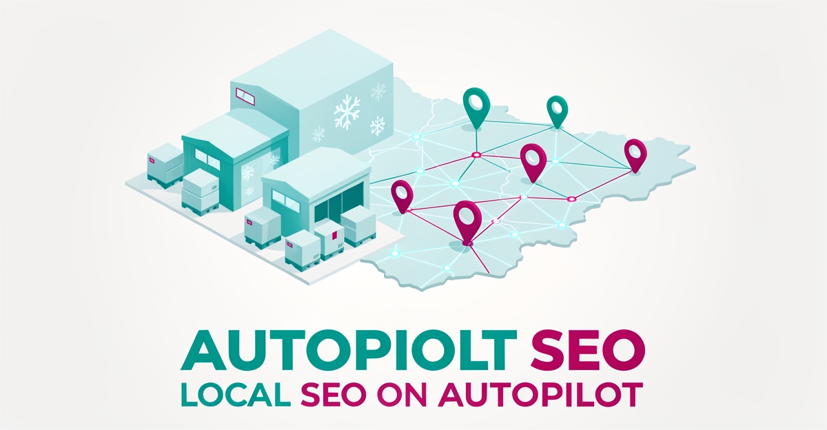 Flat illustration of a frozen food warehouse linked by glowing AI network lines to map pins across a region, headline reading AutoPilot SEO.