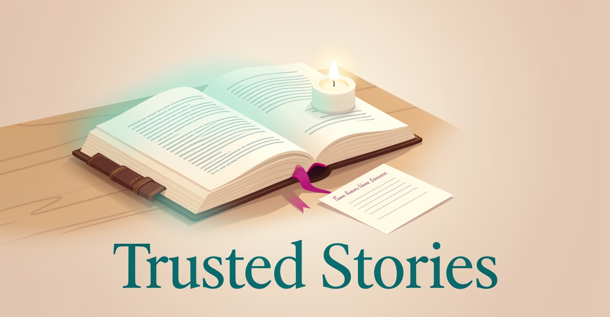 Flat illustration of an open storybook with candlelight and teal and magenta accents, symbolizing trusted client stories in funeral pre-planning.