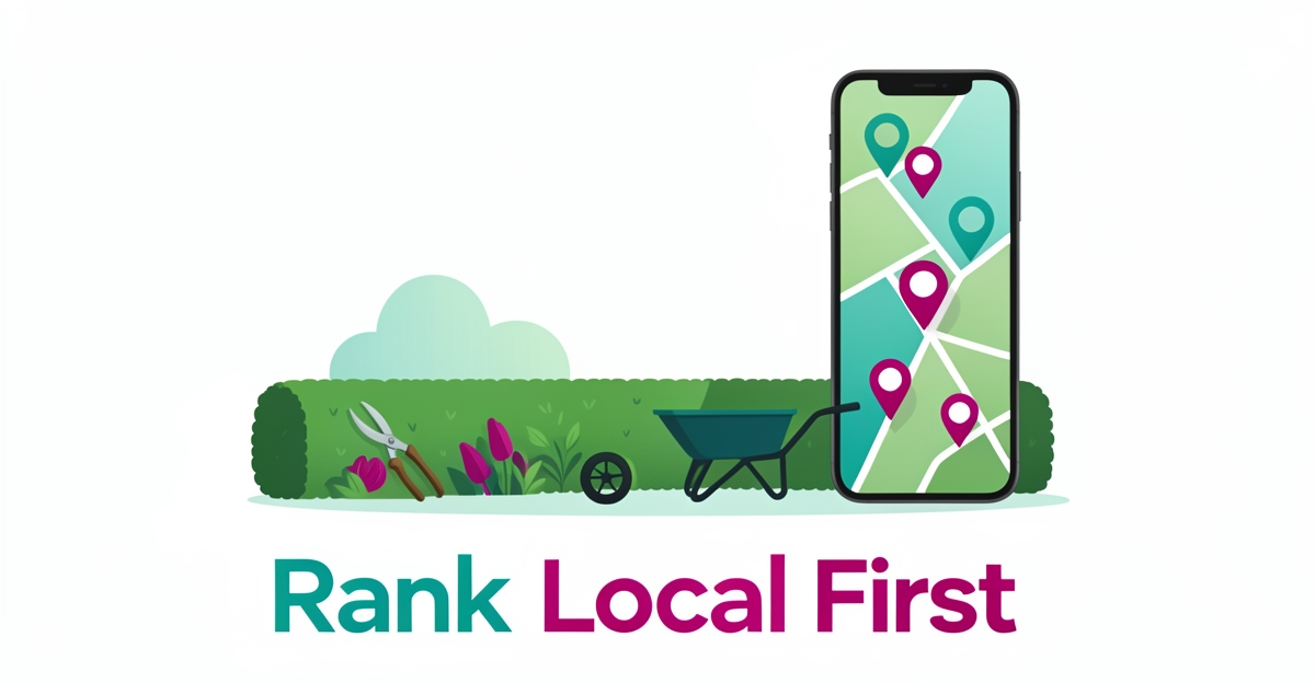 Flat illustration of a manicured garden with a smartphone map showing local search pins, accented in teal and magenta with headline Rank Local First.