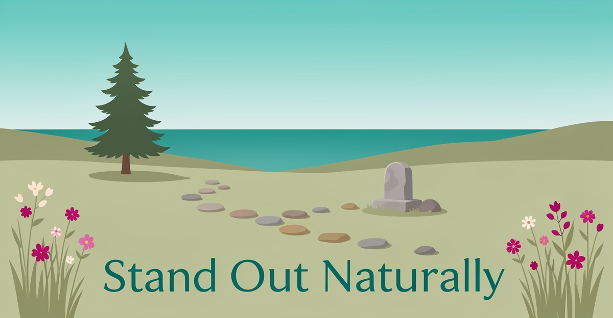 Minimalist flat illustration of a serene Nova Scotia coastal meadow with wildflowers and a natural stone marker, symbolizing eco-friendly green burial.