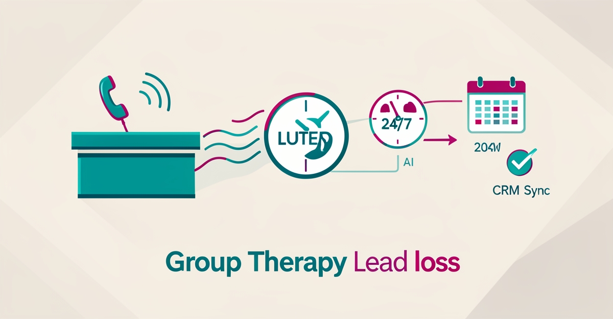 Flat illustration showing missed therapy calls converting to AI answered bookings with CRM sync.